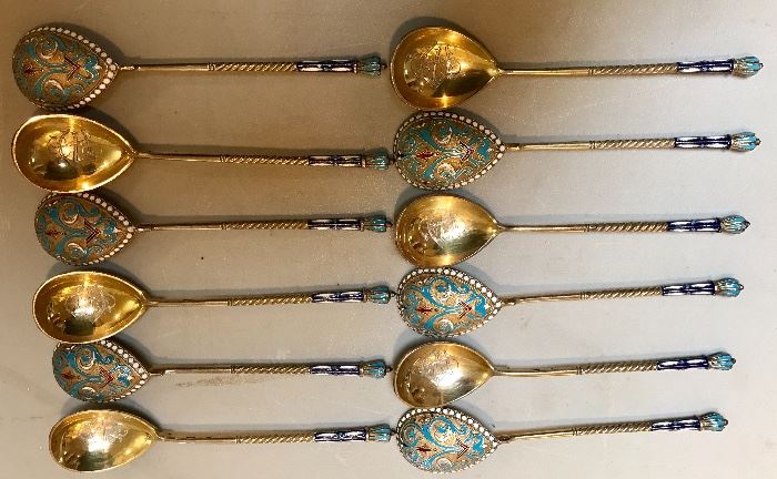 Twelve nineteenth century Russian enamel spoons