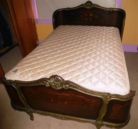 *Consignment piece not located on sight: Antique French inlaid mahogany carved full size bed with bolt on wood rails. This bed can be purchased in advance... $575
