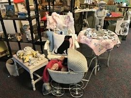 Antique wicker stroller, primitive chairs, display shelves, vintage quilts, bench, concrete statuary, tote bags, vintage toys & SO MUCH MORE
