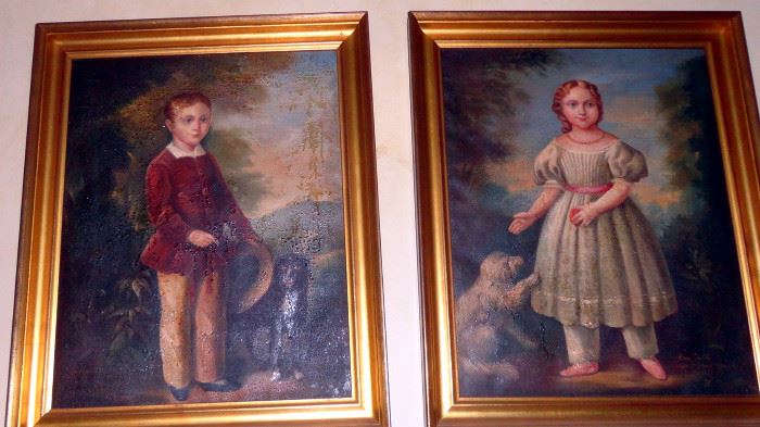 Brother and sister paintings dated 1850 ..  Varnish bubbling especially on boy. 18 x 24 size