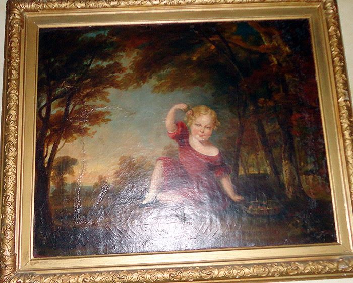 girl in red dress mid century painting.. Repair on left.. Great frame.. apprx 2' x 3'