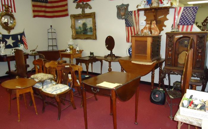 18th & 19th C tables & chairs..  spool cabinet & more
