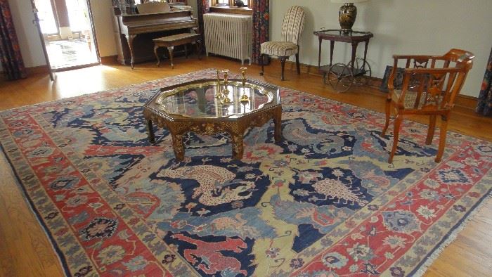 Large Egyptian Hand Knotted area rug, Baker Wood Brass painted coffee table,