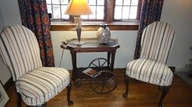 Upholstered side chairs, 4 matching. Tea cart w/caddy top and steel wheel