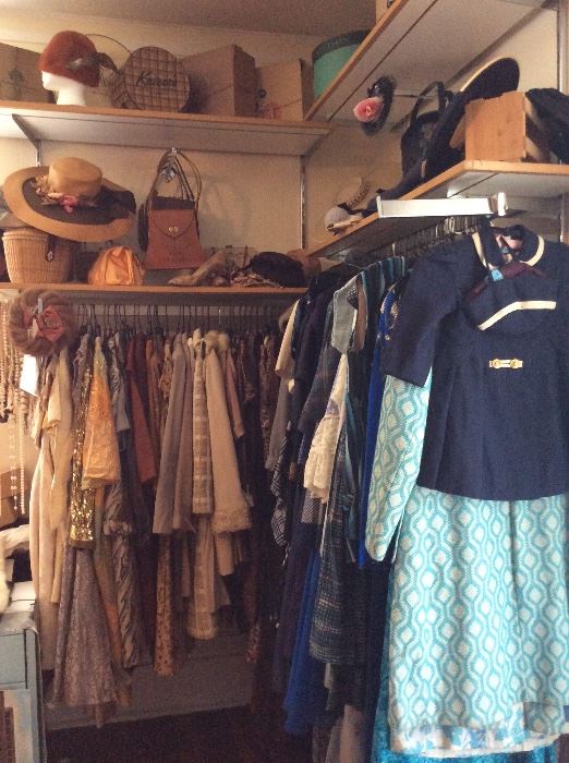 Selection of Brown and Blue Antique and Vintage Fashion Dresses, Shirts, Pants, Suits, Etc