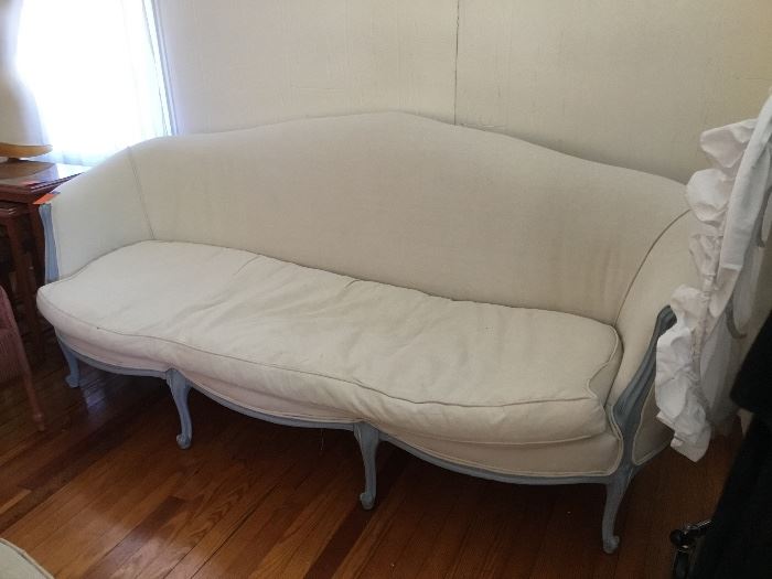 7' long French style linen covered sofa
