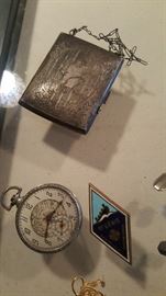 Silver plate cigarett case. 10 kt gold pocket watch & More