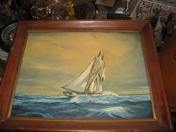 oil painting of ship , signed