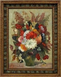 #130 - ANNA GUMLICH- KEMPF (B1860-1940), OIL ON CANVAS, H 15", W 10 1/4", STILL LIFE OF FLOWERS