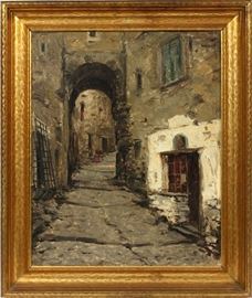 #2122 - FREDERIC LAUTH (FRENCH, 1865-1922), OIL ON BOARD, H 23 1/2'', W 19'', FRENCH STREET SCENE WITH ARCHWAY