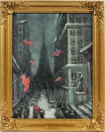 #2125 - ATTRIBUTED TO GUY CARLETON WIGGINS, OIL ON CANVAS BOARD, H 18", W 14", "WALL STREET AND THE TRINITY CHURCH"