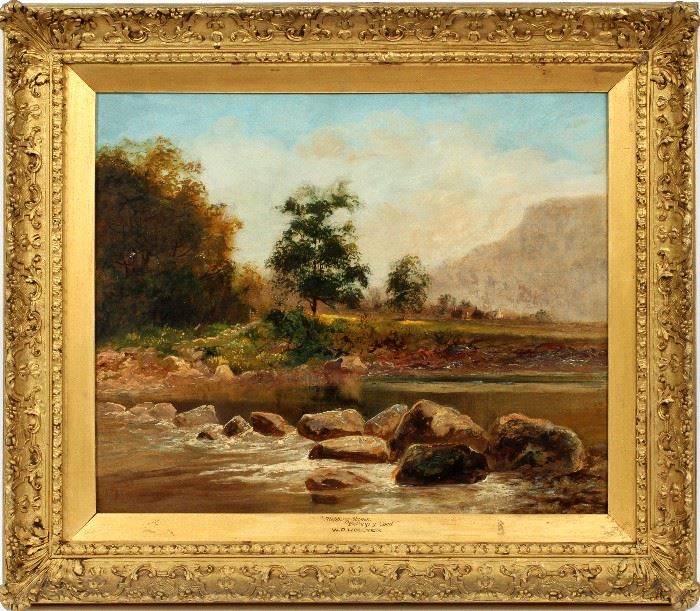 #2129 - WILLIAM PERRING HOLLYER (BRITISH, 1834-1922), OIL ON WOOD PANEL, H 22.25", W 26.25", "SKIPPING STONES, BETWS-Y-COED."