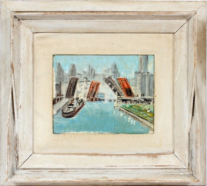 #2133 - A. JACQUES, OIL ON BOARD, H 7.5", W 9.5", CHICAGO RIVER