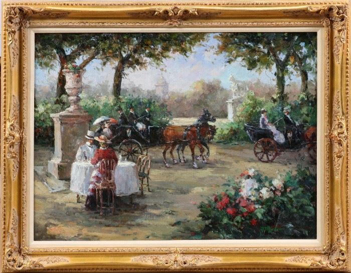#2143 - D. MICHER, OIL ON CANVAS, LATE 20TH C., H 30", W 40", HORSE DRAWN CARRIAGES