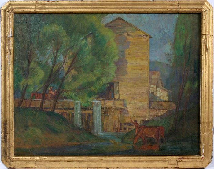 #2148 - ROY GAMBLE OIL ON CANVAS, H 31", W 40", LANDSCAPE WITH MILL