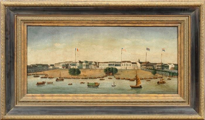 #2171 - CHINA TRADE SCENE, OIL ON CANVAS, PORT OF GUANGZHOU, MODERN REPRODUCTION, H 22", W 46"