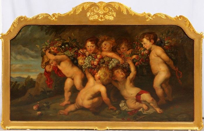 #2172 - PAINTING ON CANVAS, SCENE OF CHERUBS, LARGE FORMAT, H 41", W 72"