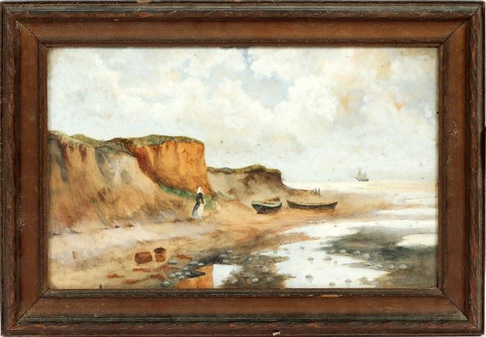 #2231 - AMERICAN PAINTING ON BOARD, CLAM DIGGERS BY OCEAN, H 8", W 13"
