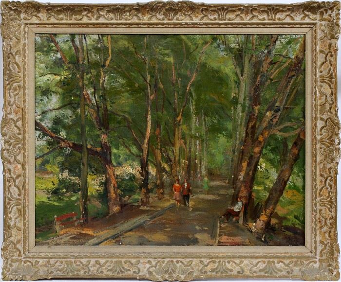 #2269 - ILLEGIBLY SIGNED AUSTRIAN OIL ON CANVAS, C. 1950'S, H 30", W 38", COUPLE WALKING ON A WOODED ROAD