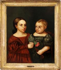 2027 - ATTRIBUTED TO ZEDEKIAH BELKNAP, OIL ON CANVAS, C. 1840, H 27.25", W 23", TWO YOUNG GIRLS