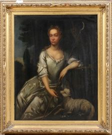 #2126 - ATTRIBUTED. TO CHARLES JERVAS (IRISH, 1675-1739), OIL ON CANVAS, H 50", W 39", "SHEPHERDESS OF COUNTY GALWAY"