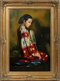 #2209 - YOUNG OIL ON CANVAS, 20TH C., H 36", W 24", SEATED ASIAN WOMAN