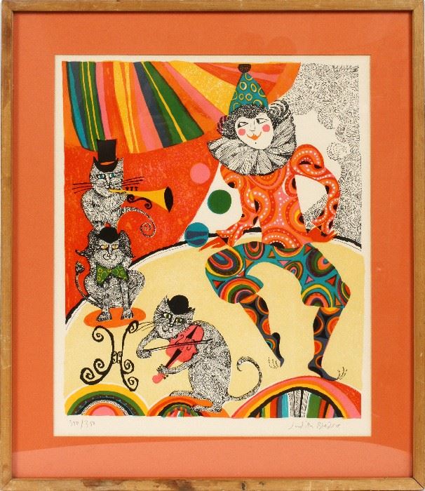 #1237 - JUDITH BLEDSOE, (AMERICAN, 1938-), LITHOGRAPH, H 20", W 17", CAT BAND WITH JESTER