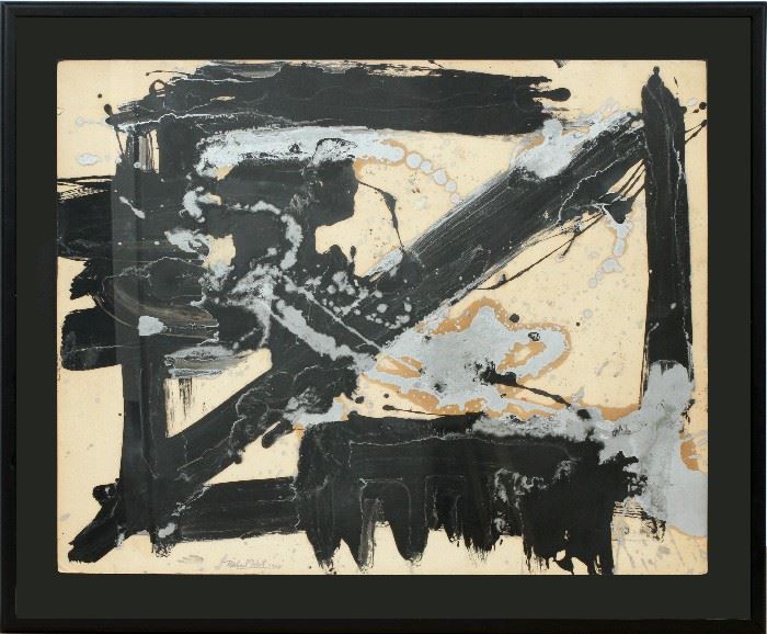 #2005 - CORINNE MICHELLE WEST (AMERICAN 1908-1991), OIL ON PAPER, 1968, "ABSTRACT COMPOSITION"
