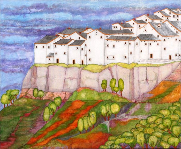#2031 - BUTCH SKYNEAR (FINNISH, 20TH C.), ACRYLIC AND SILVER FOIL ON BOARD, 1989, H 45", L 55", "OLD HOUSES AT THE EDGE OF THE CLIFF"