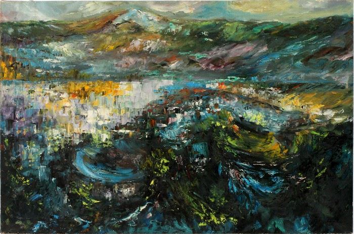 #2138 - IN THE MANNER OF DA SILVA OIL ON CANVAS, H 24", W 36", ABSTRACT LANDSCAPE