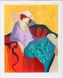 #2220 - ITZCHAK TARKAY (ISRAEL 1935-2012), LITHOGRAPH, H 24" W 19", LADY IN RED CHAIR