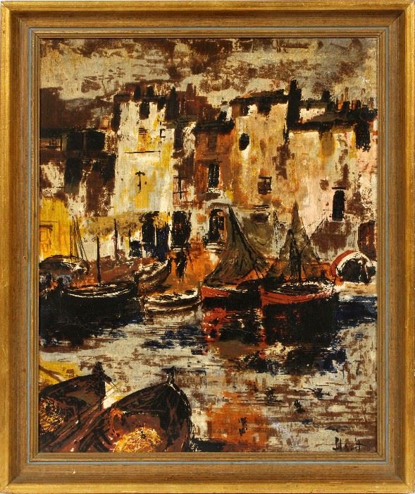 #2225 - HOYT IMPRESSIONIST OIL ON CANVAS BOATS IN HARBOR H 23" W 19"