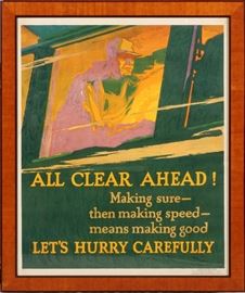 #2245 - MATHER & CO., COLOR LITHOGRAPHIC POSTER, 1929, SIGHT PAPER SIZE: H 42 3/4", W 35 1/8", "ALL CLEAR AHEAD"