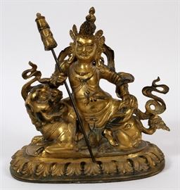 #1069 - BUDDHIST VAISHRAVANA BRONZE FIGURE, H 8", W 7 3/4"