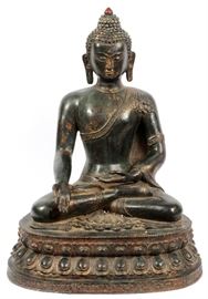 #2082 - CHINESE BRONZE WITH GOLD HIGHLIGHTS BUDDHA, H 25"