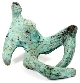 #2298 - UNKNOWN SCULPTOR, BRONZE SCULPTURE IN THE STYLE OF HENRY MOORE, C. 1990, H 6", W 9", RECLINING FIGURATIVE FORM