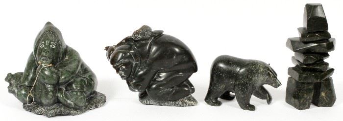 #2319 - INUIT NATIVE AMERICAN STONE CARVINGS, BEARS, ESKIMOS AND STACKED ROCKS FOUR
