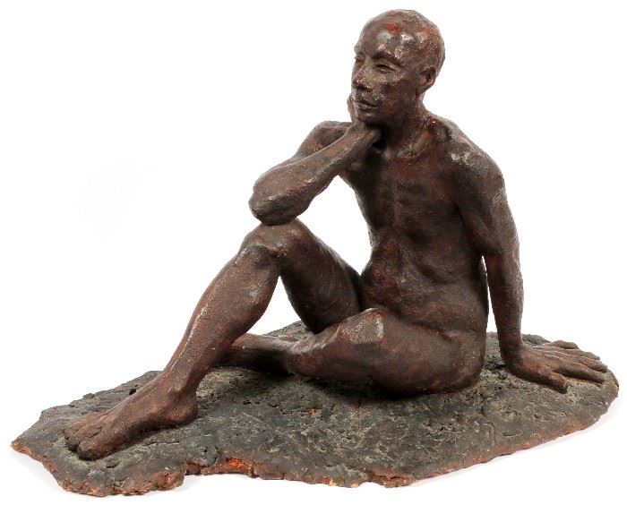 #2362 - MARILYN RICHARDS, TERRACOTTA SCULPTURE, H 15 1/2", W 13"', L 22", SEATED NUDE MALE