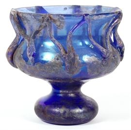 #413 - BLUE ART GLASS FOOTED BOWL, H 4", DIA 4"