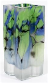 #1303 - PYUWIEWIC SQUARE BLUE GREEN GLASS VASE, 2002, H 9", W 3 1/2"