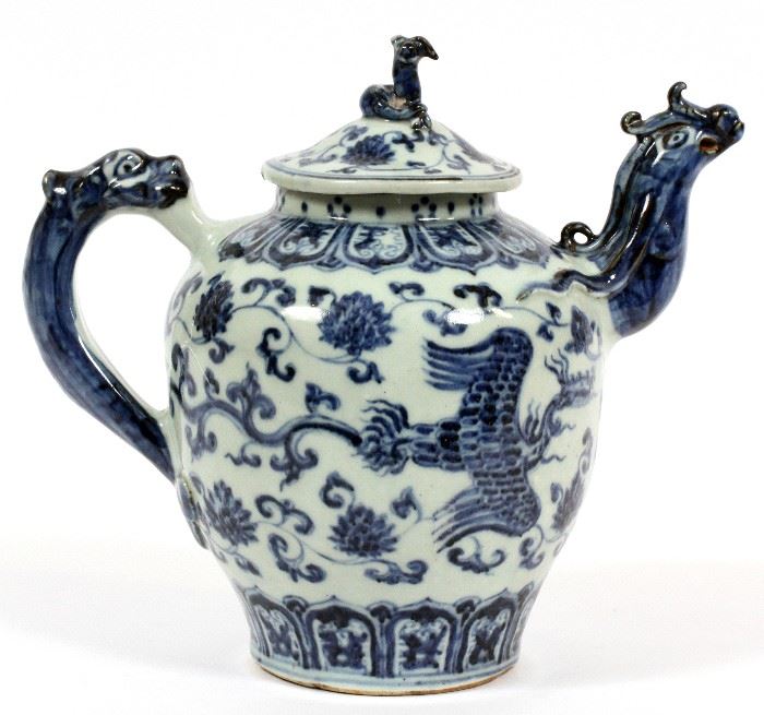 #83 - CHINESE BLUE & WHITE GLAZED POTTERY TEA POT, H 7 1/2'', L 9''