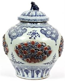 #77 - CHINESE BLUE, WHITE, & RED COVERED JAR, H 17'' DIA 14''
