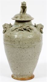 #88 - CHINESE CELADON POTTERY COVERED JAR, H 10'', W 6''