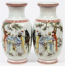#1249 - CHINESE HAND PAINTED ON WHITE PORCELAIN VASES WITH GENERA SCENE, H 18", DIA 9"