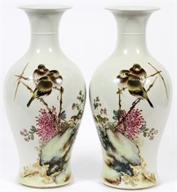 #1257 - CHINESE HAND PAINTED PORCELAIN VASES BIRDS ON BRANCHES, PAIR, H 18", DIA 9"