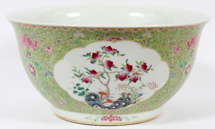 #1258 - CHINESE FLORAL ON LIME GREEN GROUND PORCELAIN PUNCH BOWL, H 10", DIA 17"