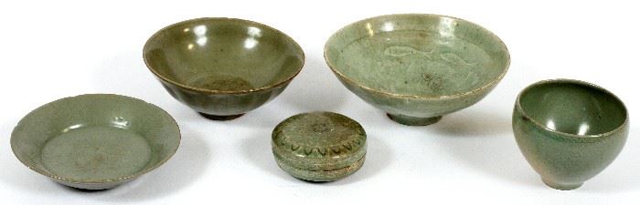 #2197 - CHINESE CELADON POTTERY, 5 ITEMS, H 1 1/4'' - 3''