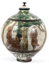 #2182 - MARK CHATTERLEY, MULTI-COLORED CERAMIC COVERED JAR, H 25", W 20"