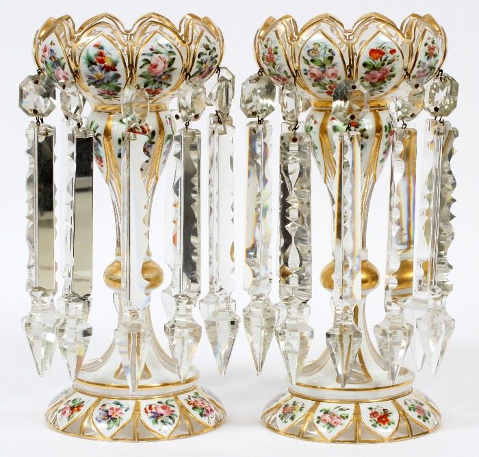 #45 - BOHEMIAN ENAMELED CASED GLASS LUSTRES, C. 1880'S, PAIR, H 10", DIA 5"