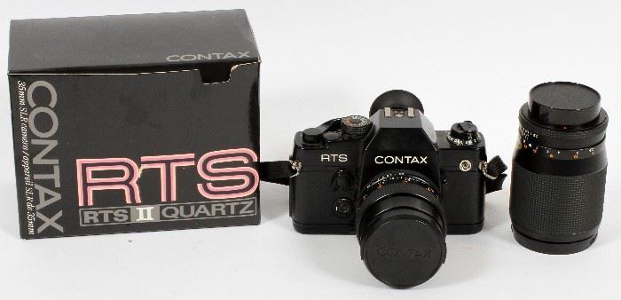 #112 - CONTAX, RTS II CAMERA, WITH 2 LENSES, H 3 1/2", W 5 1/2"